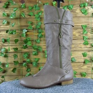 Fiel Women 8.5 Taupe Leather Knee High Boots Zip‎ Strap Detail Low Heel